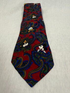 Disney Store Tie Mickey Mouse Donald Duck 100% Silk Paisley Red OS Mens Vintage
